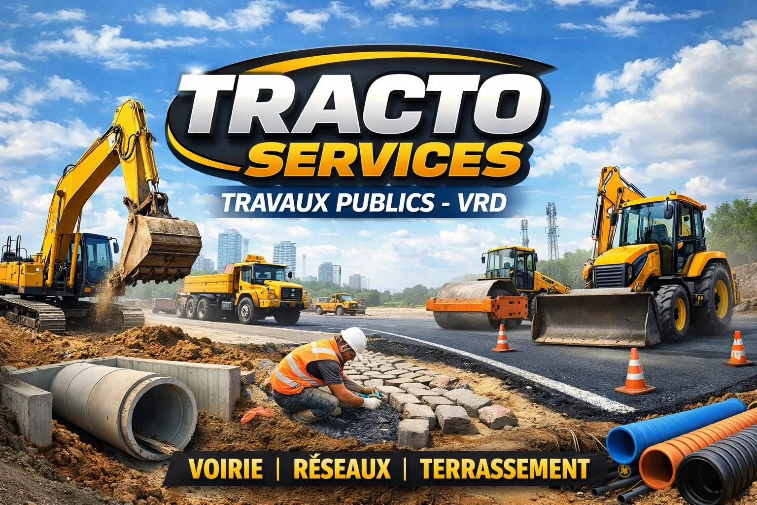 Illustration Tracto Services avec engins de chantier, voirie, réseaux et terrassement